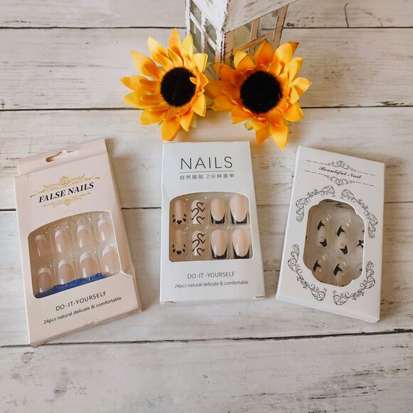 NEW (3) Sets Press On Nails French Manicure, Hearts, Stars 24 PC Each - Picture 1 of 4
